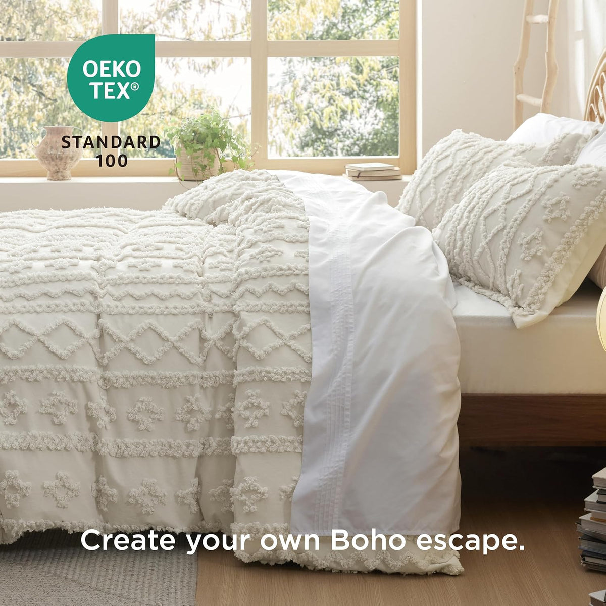 Bedsure Boho Duvet Cover Queen, Tufted Embroidery, 3-Piece, Beige