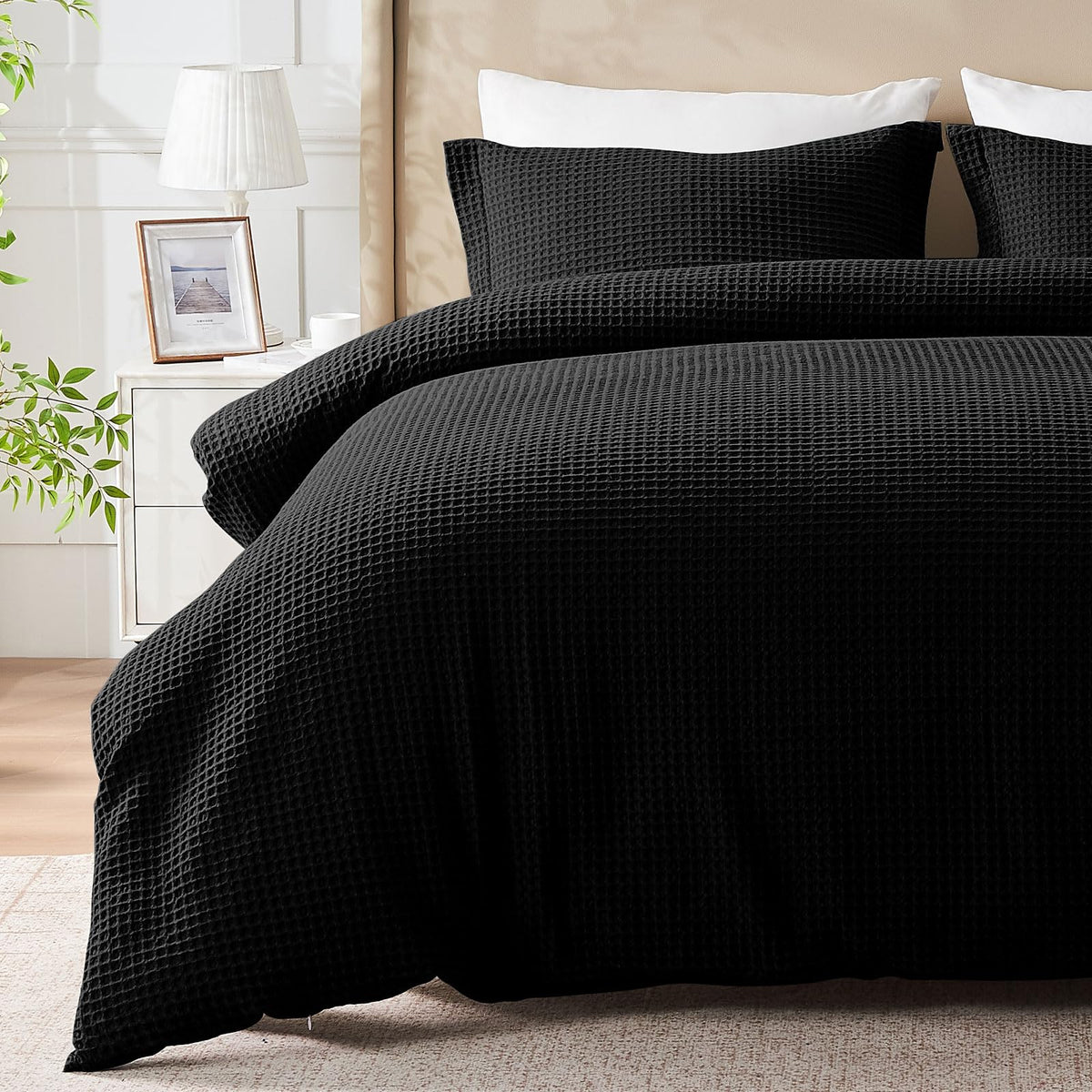 100% Cotton King Size Duvet Cover Set with 2 Pillow Shams, Black