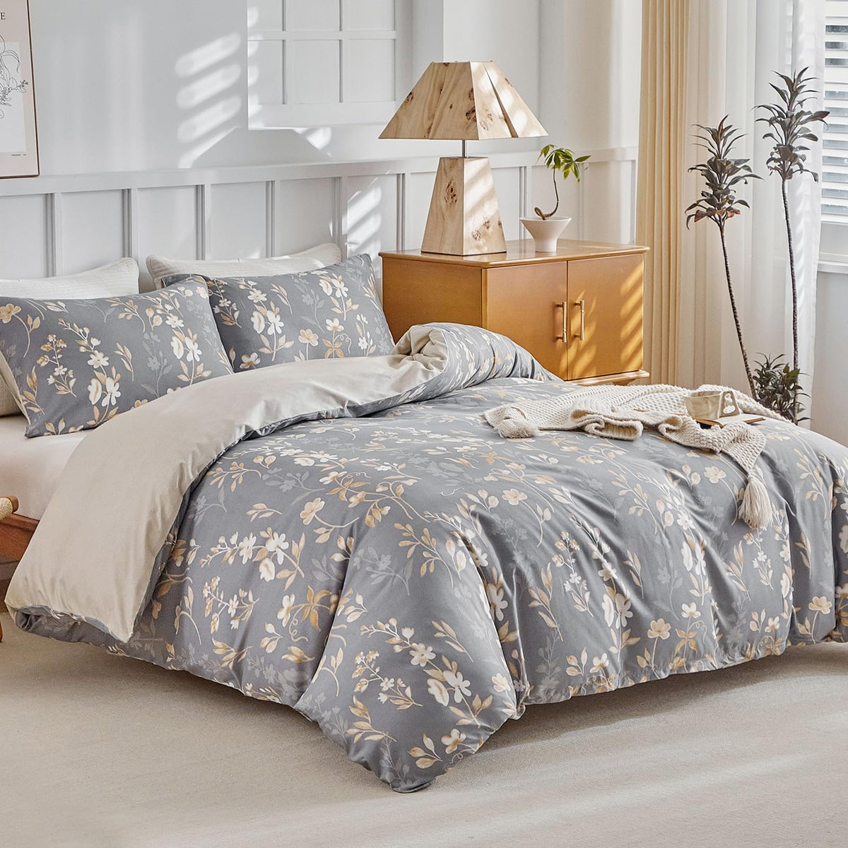 Lekesky Floral Duvet Cover Queen Size 3-Piece, Sage Green