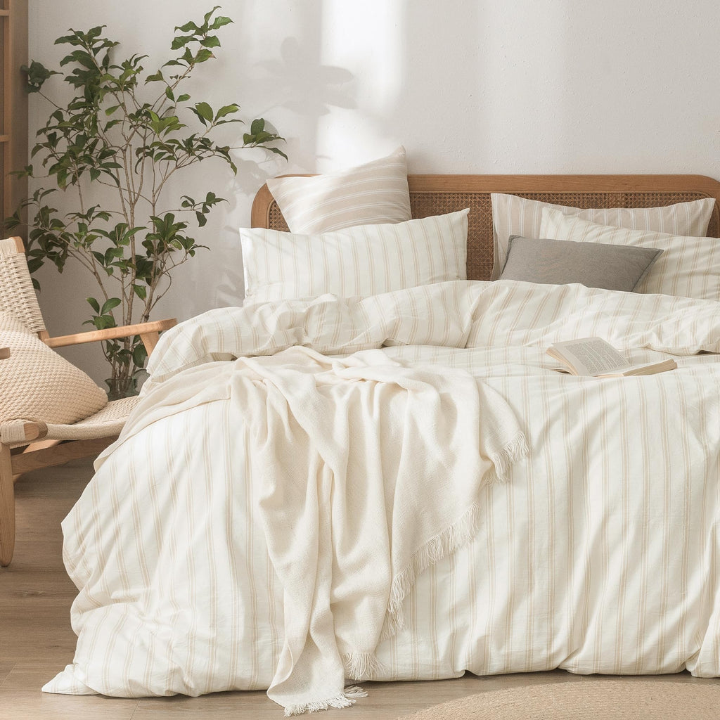 BESTOUCH Cotton Solid Duvet Cover Set Linen Feel Off White Queen