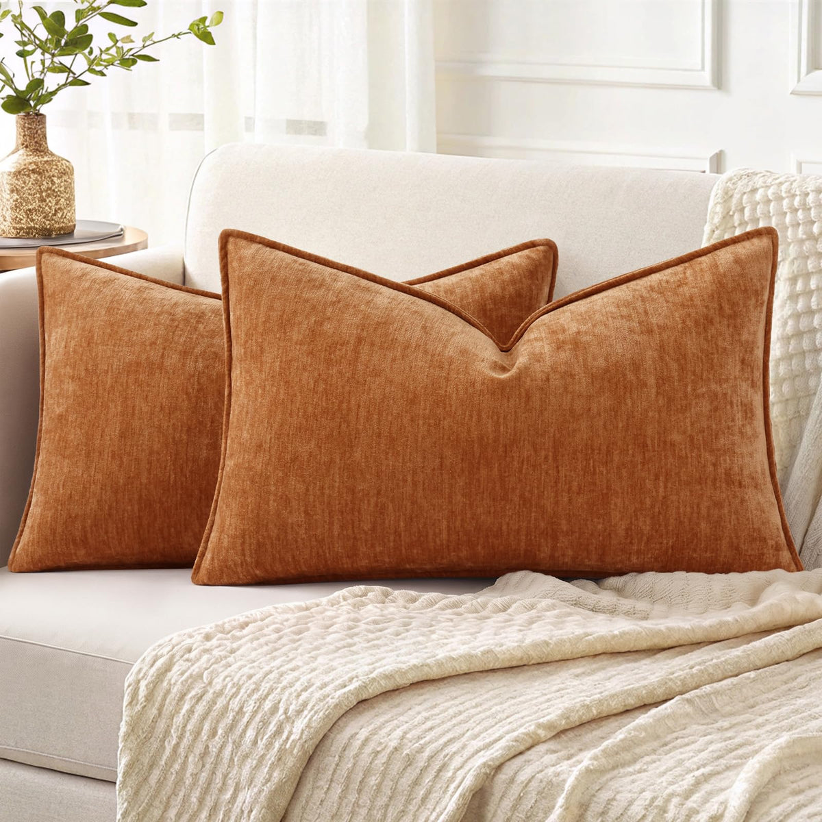 decorUhome Chenille Beige Velvet Throw Pillow Covers 20x20 Set of 2