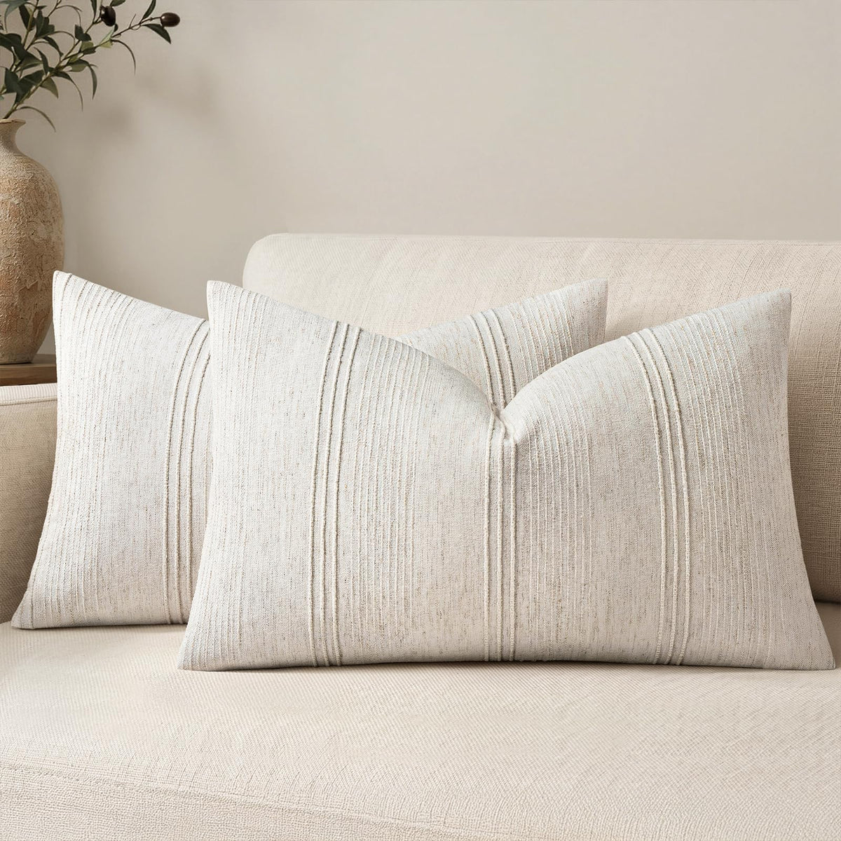 MIULEE Decorative Striped Throw Pillow Covers 18x18 in Natural Beige 2 Pack