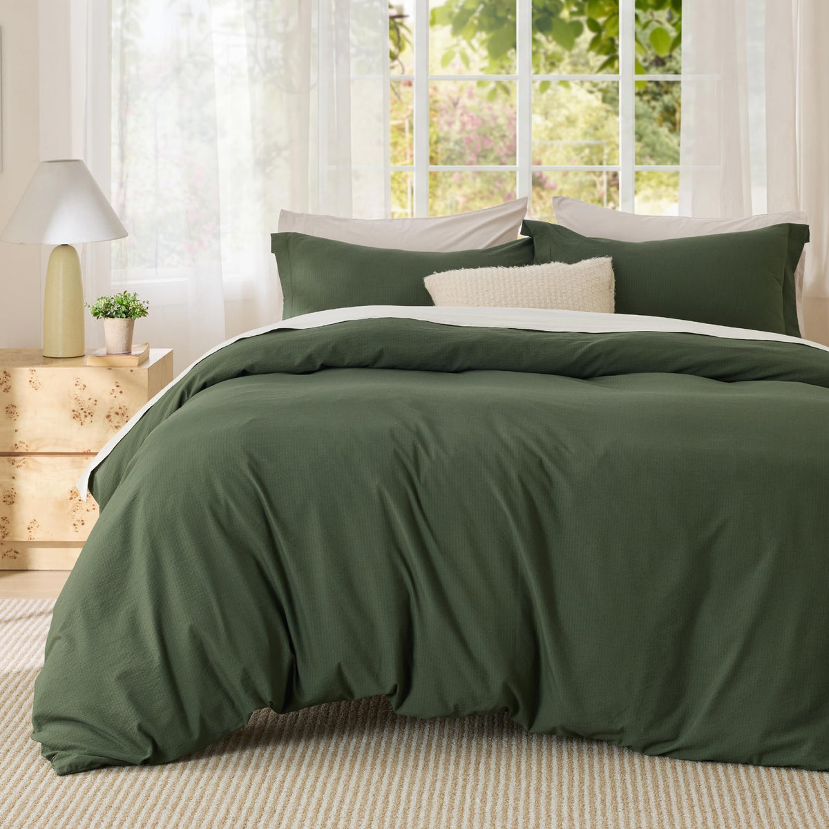 Bedsure Prewashed Duvet Cover Queen, Cotton-Like Bedding Set, Olive Green