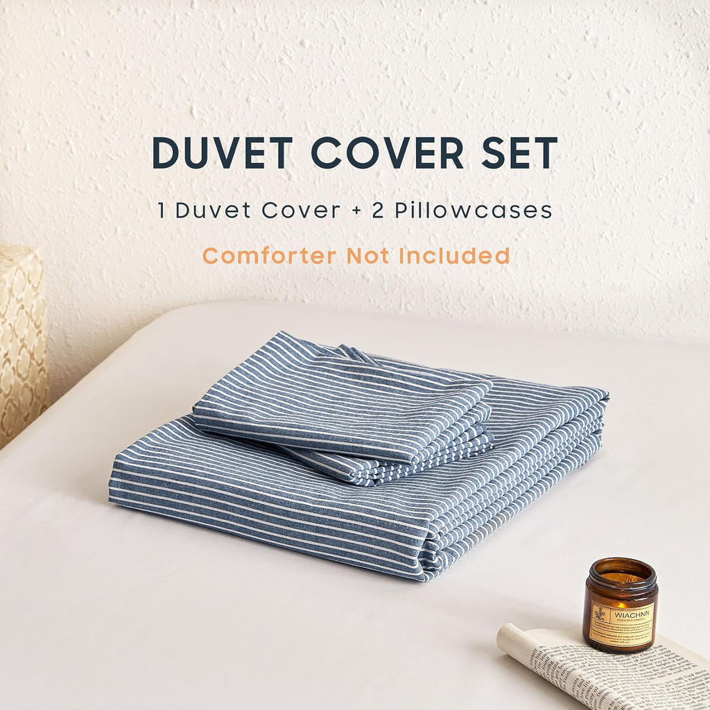 Wake In Cloud Striped Cotton Duvet Cover Set, Denim Blue, Queen