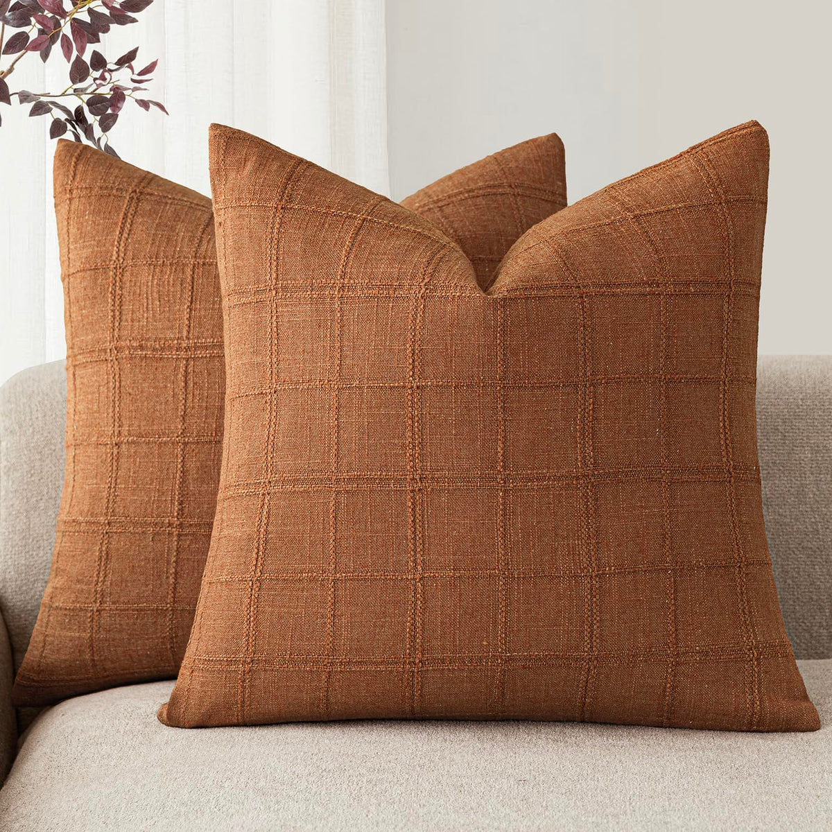 Foindtower Boho Linen Check Decorative Throw Pillow Cover 18×18 Olive Green