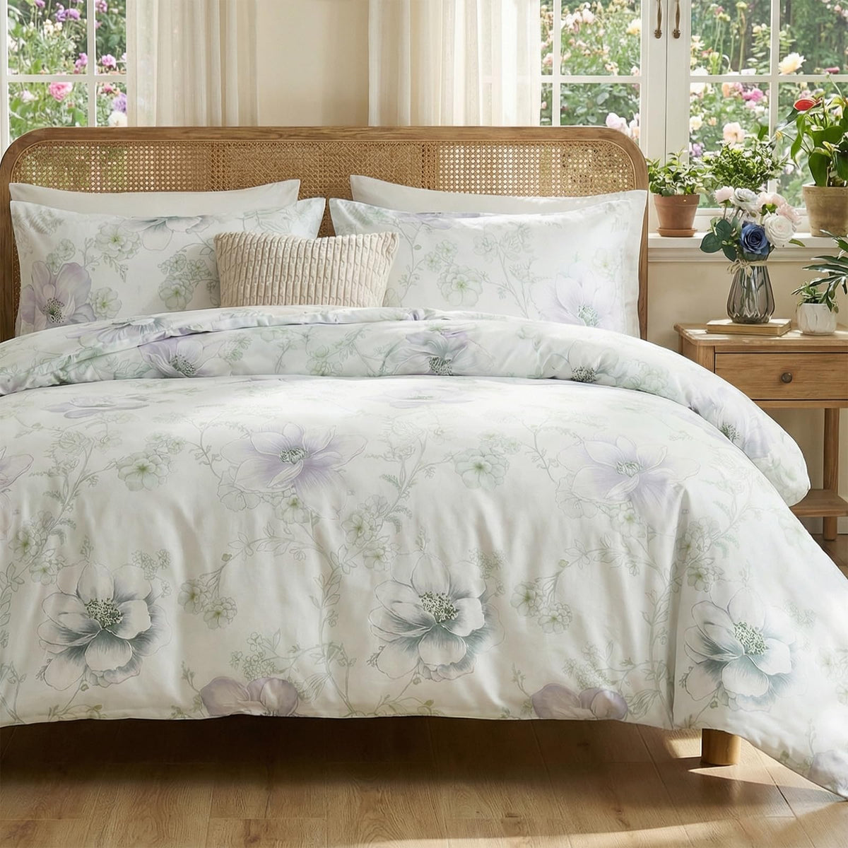 Duvet Cover Queen Size - 100% Cotton Reversible Floral Queen Duvet Cover Set with Zipper Closure, 3 Pieces Soft & Breathable Green Bedding Set for All Seasons
