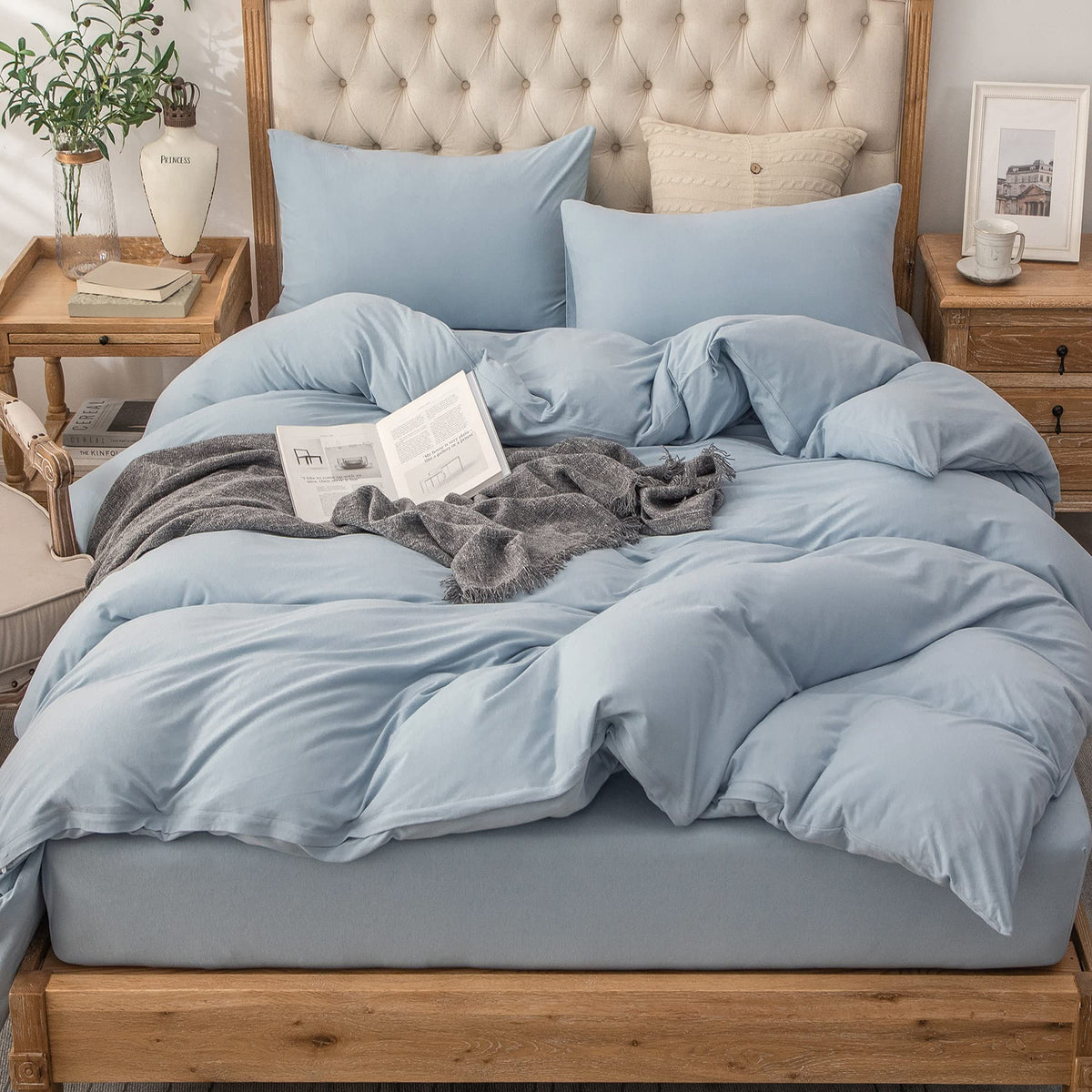 PURE ERA Jersey Knit Duvet Cover Set 100% T-Shirt Cotton Super Soft Comfy 3pc Bedding Set with Zipper Closure (Heather Beige, Queen)