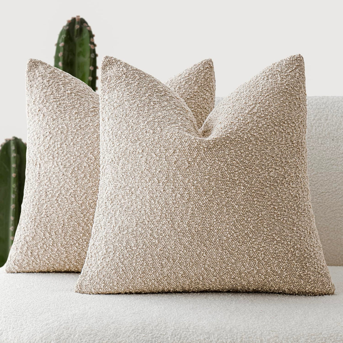 Foindtower Decorative Textured Boucle Throw Pillow Covers 18x18 Inch,Ivory