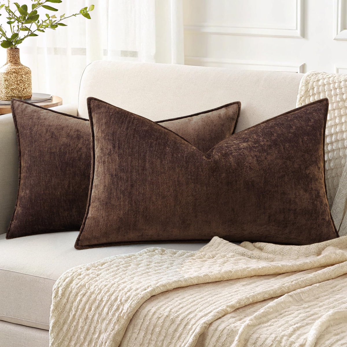 decorUhome Chenille Beige Velvet Throw Pillow Covers 20x20 Set of 2