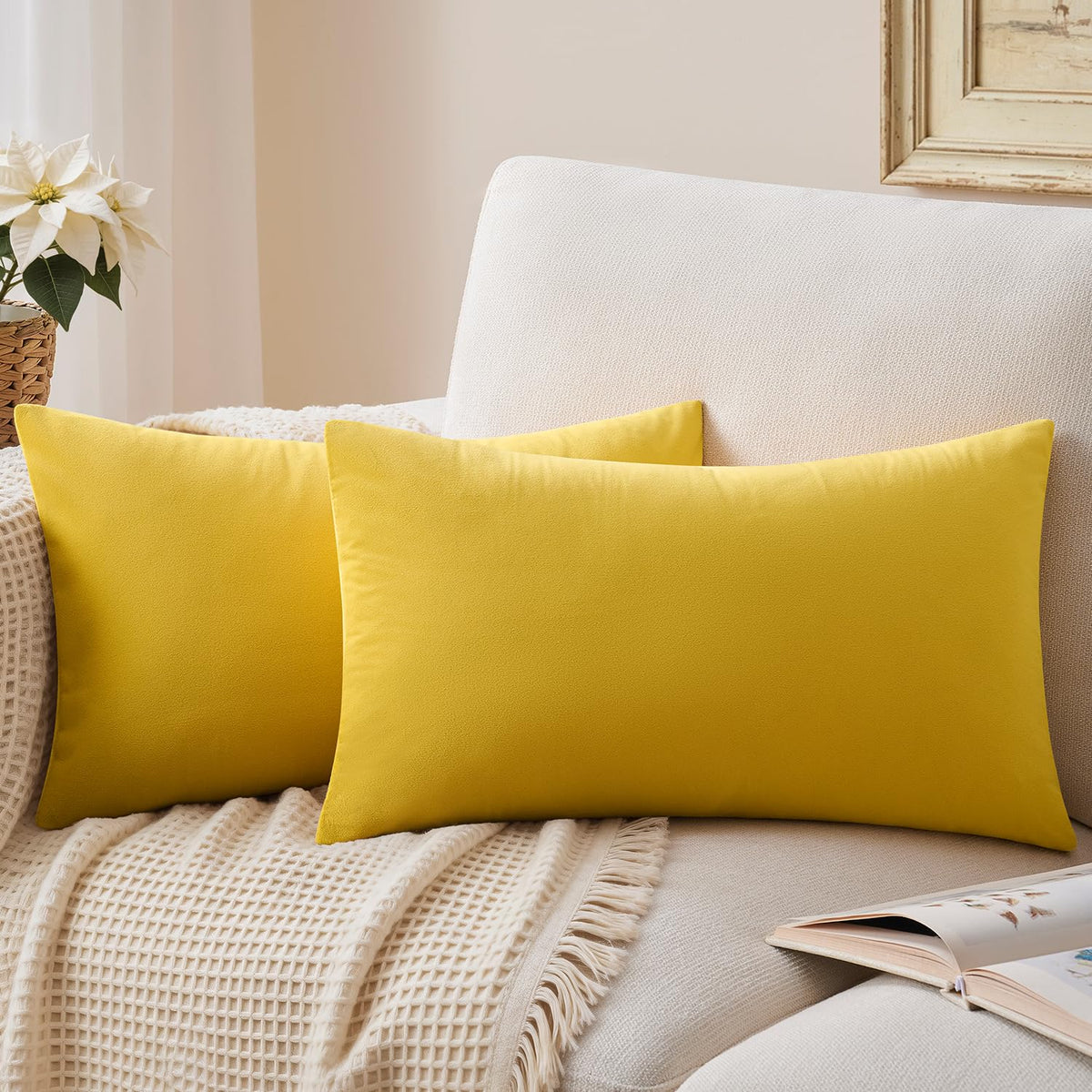 Throw Pillow Covers Mustard Yellow Set of 2 18x18 Inch Fall Pillow Covers, Soft Velvet Farmhouse Neutral Decorative Pillowcases for Couch Sofa Bed, Home Boho Decor, Modern Cushion Covers