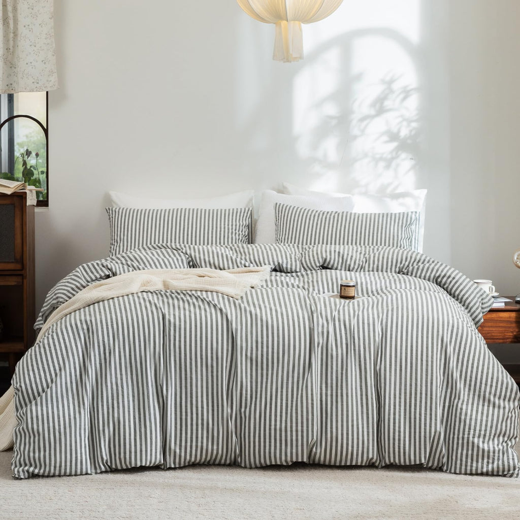 FOSSA Duvet Cover Set 100% Washed Cotton Linen Feel Queen