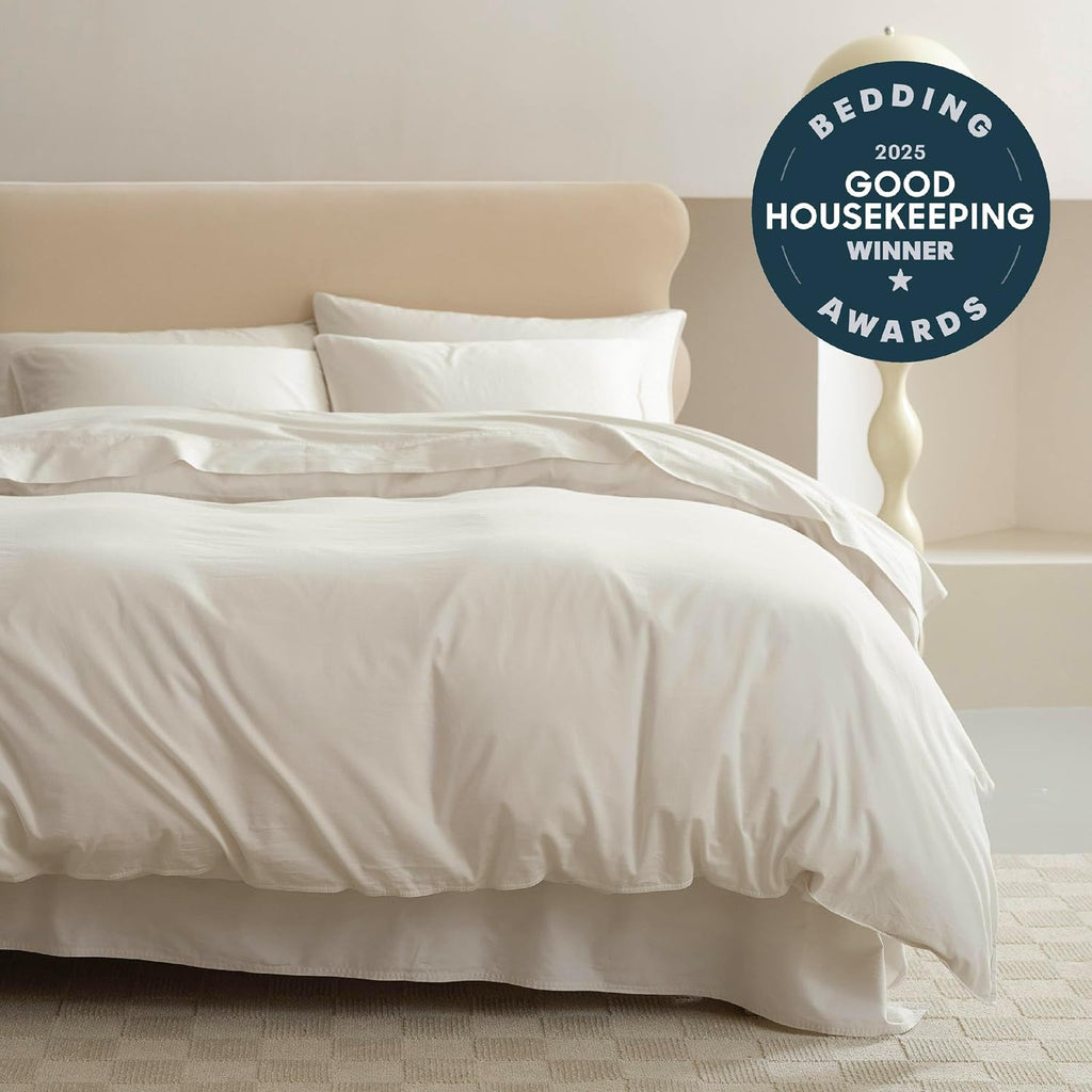 Double Stitch GOTS Organic Cotton King Duvet Cover, Washed 300TC, Off White