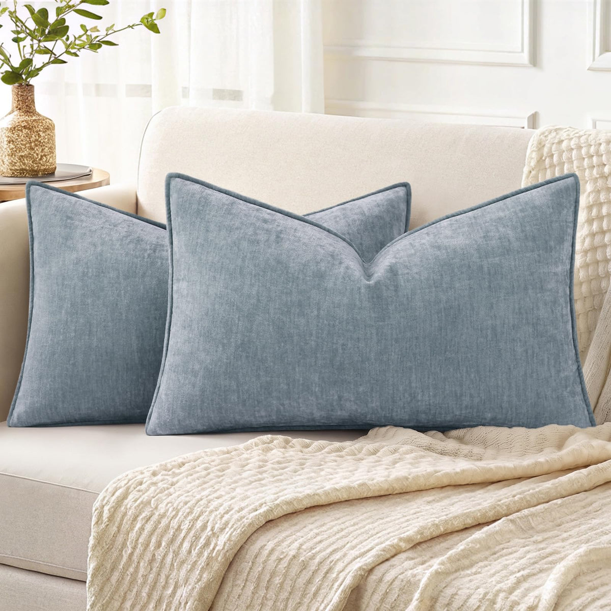 decorUhome Chenille Beige Velvet Throw Pillow Covers 20x20 Set of 2