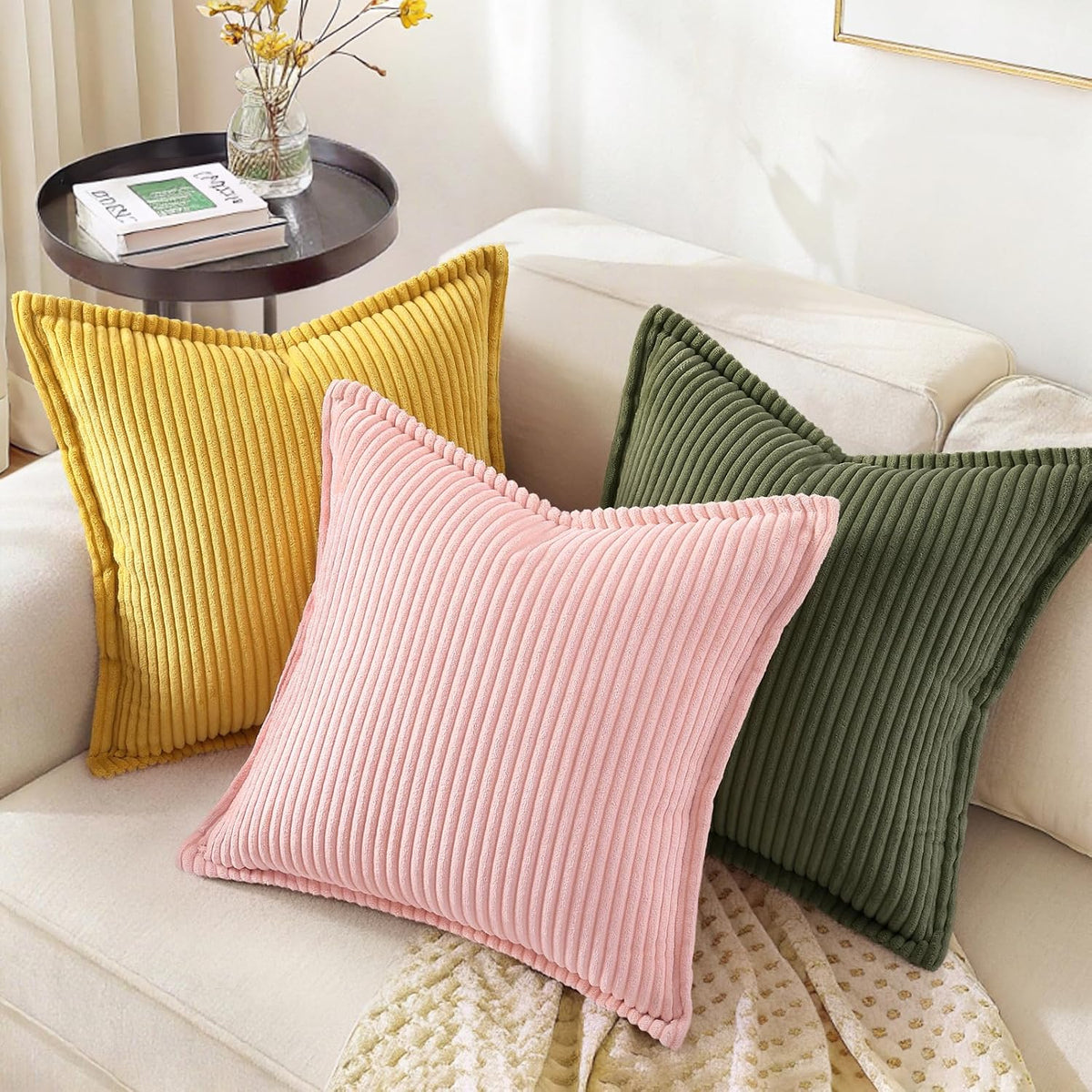 decorUhome Fall Corduroy Olive Green Throw Pillow Covers 18x18 Set of 2