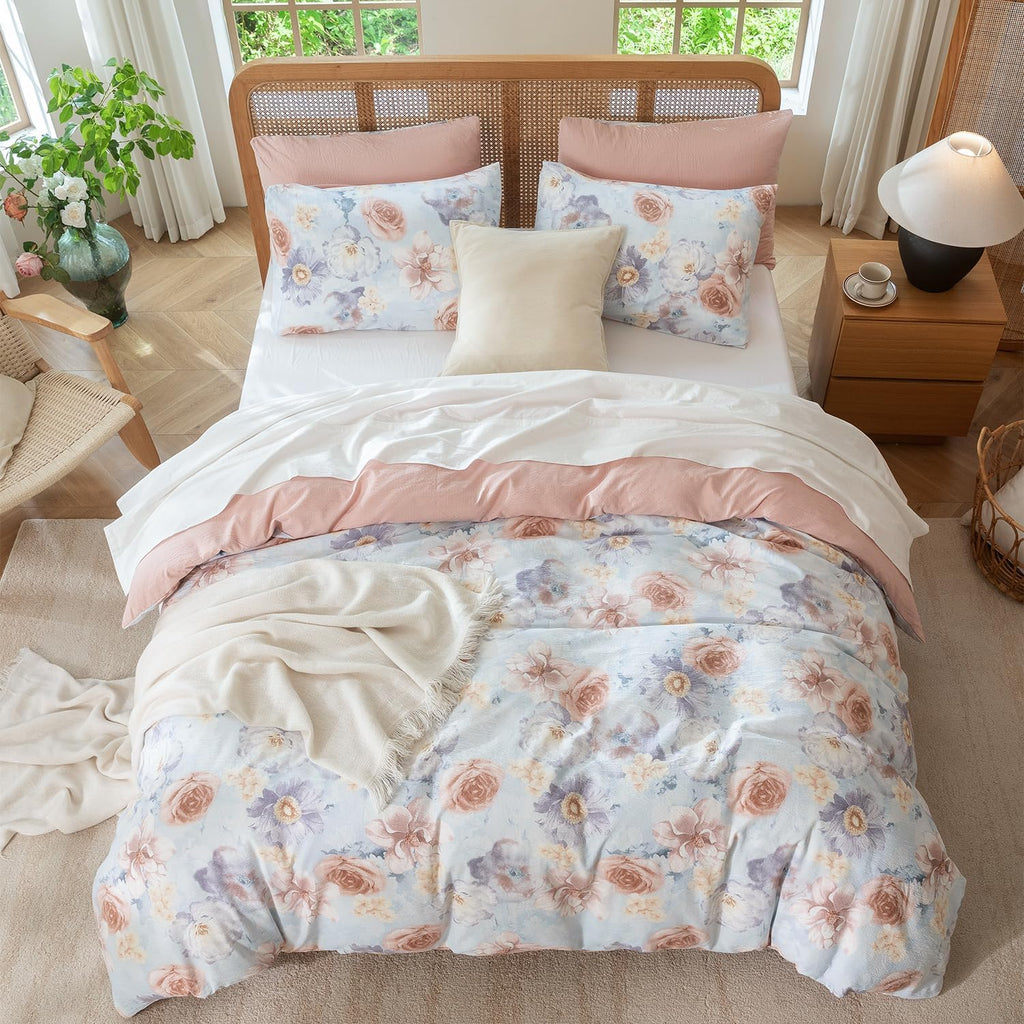 King Size Duvet Cover Set Floral Luxury Soft Brushed Microfiber Crinkle Gauze Fabric 3 Pieces Bedding Set Flower Pattern Duvet Cover King with Zipper Closure Breathable Comfy