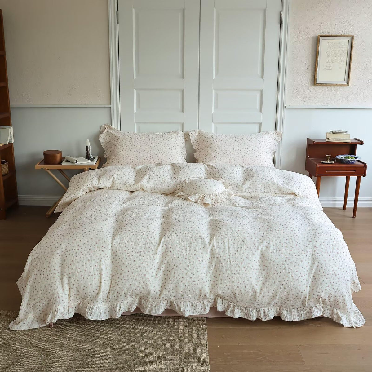 BuLuTu 100% Cotton Muslin Duvet Cover Twin for Kids Girls Boys, Shabby Chic Azalea Floral Duvet Covers Vintage Farmhouse Comforter/Quilt Cover with Ruffles, 68"x86", Zipper Closure, No Pillow