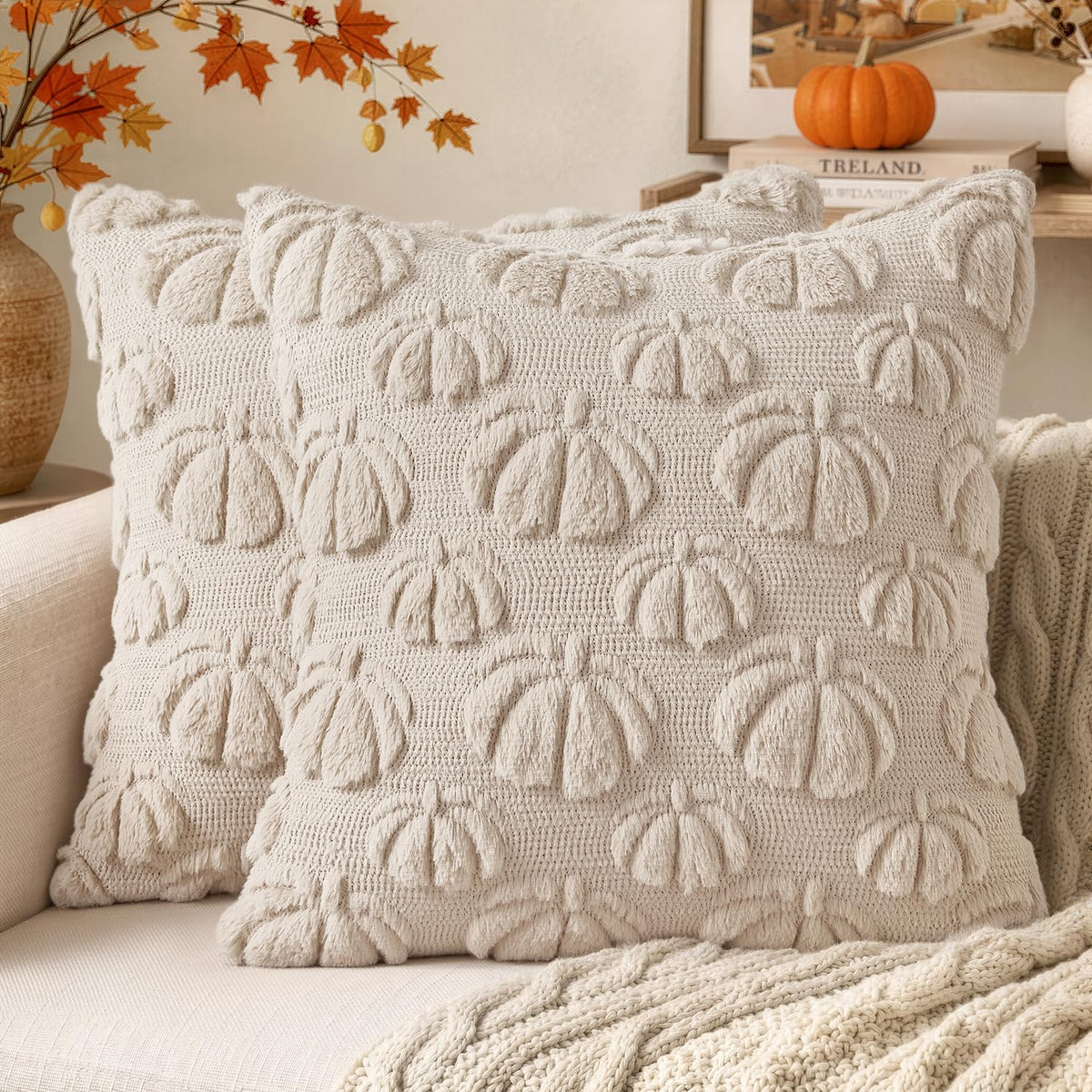 MIULEE Fall Decor Pillow Covers 18x18 Set of 2 Pumpkin Beige