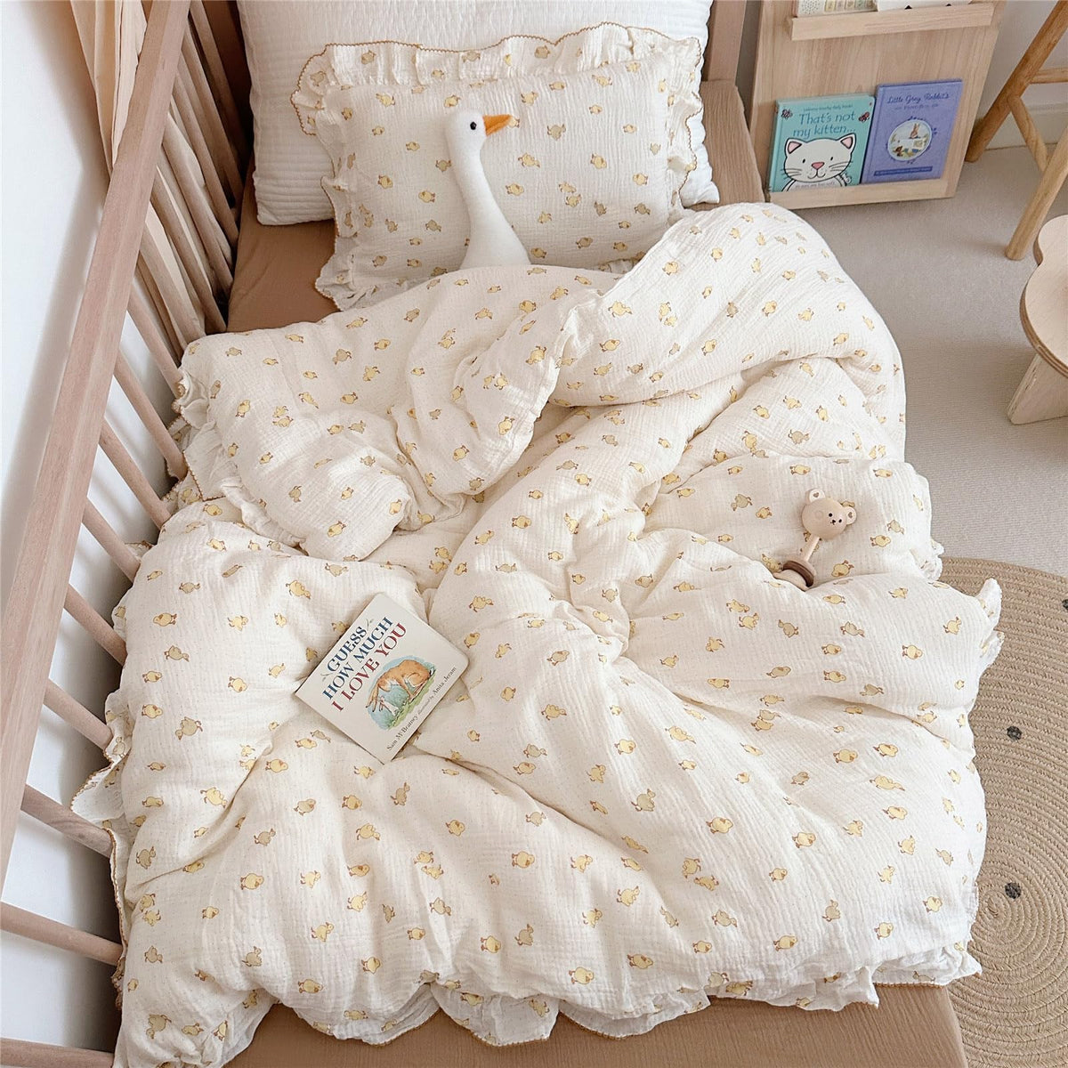 BuLuTu 100% Cotton Muslin Duvet Cover Twin for Kids Girls Boys, Shabby Chic Azalea Floral Duvet Covers Vintage Farmhouse Comforter/Quilt Cover with Ruffles, 68"x86", Zipper Closure, No Pillow