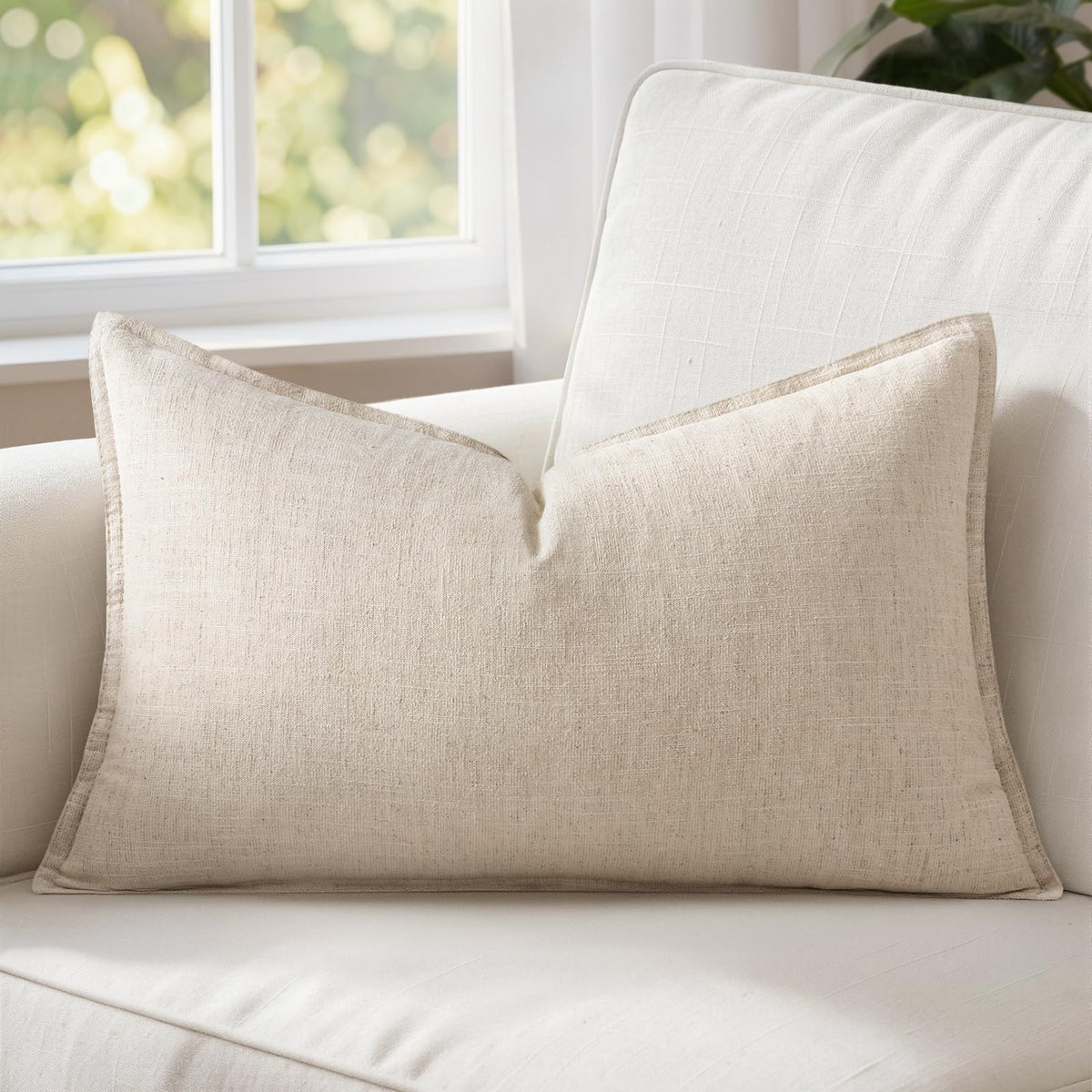 MIULEE Decorative Linen Lumbar Pillow Cover 14x36 Inch Natural Beige