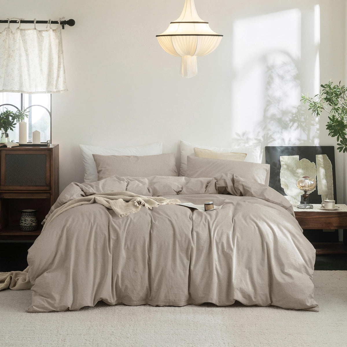 FOSSA Duvet Cover Set 100% Washed Cotton Linen Feel Queen