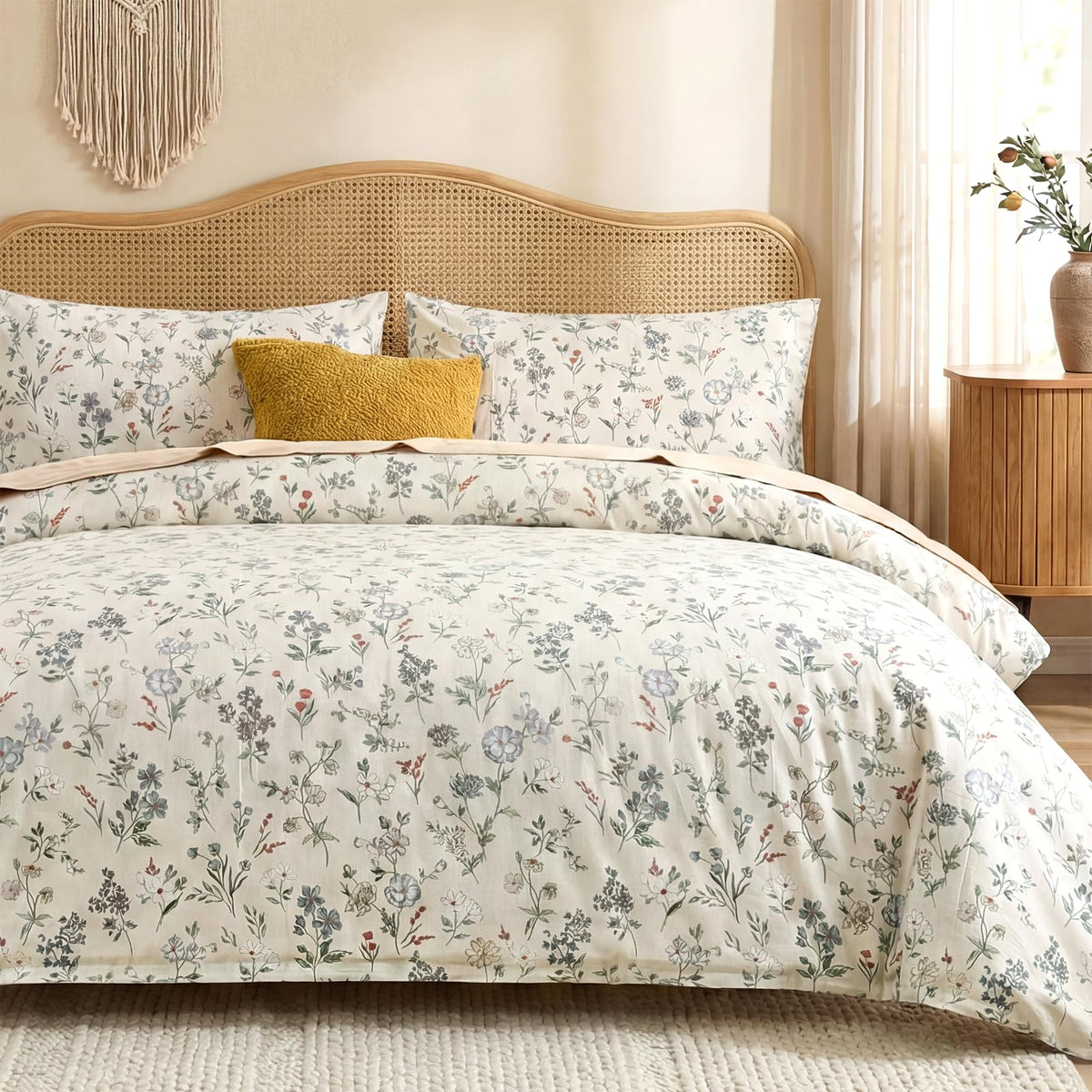 Duvet Cover Queen Size - 100% Cotton Reversible Floral Queen Duvet Cover Set with Zipper Closure, 3 Pieces Soft & Breathable Green Bedding Set for All Seasons