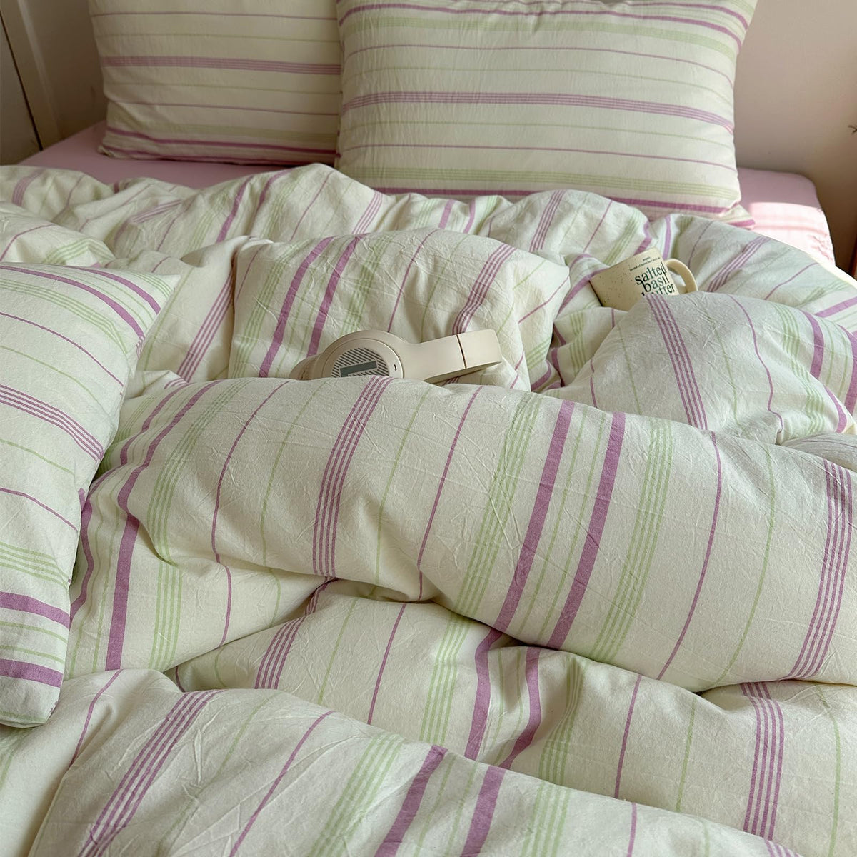 EAVD Retro Striped Duvet Cover Queen Soft 100% Washed Cotton Green Purple