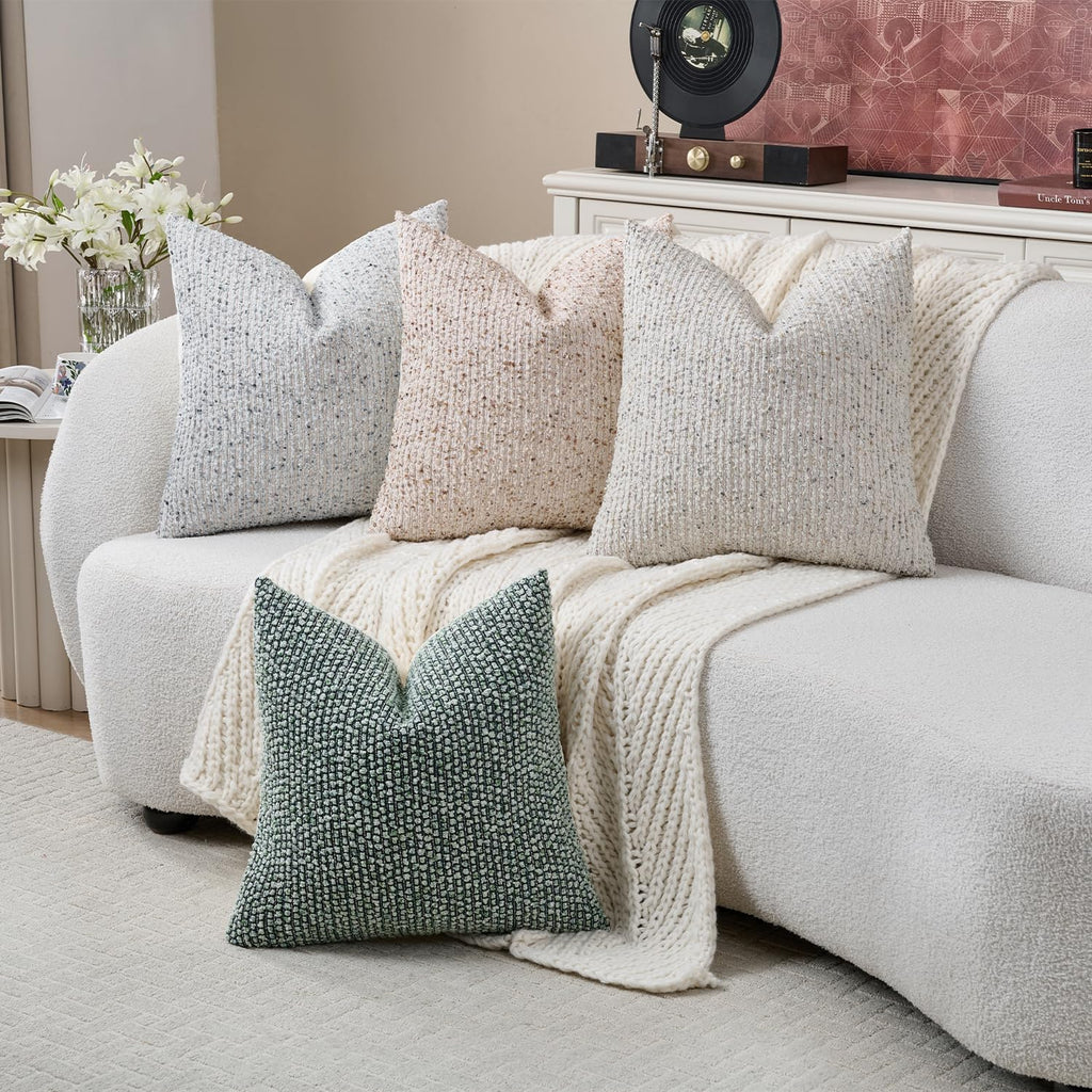 DEZENE Striped Throw Pillow Covers 18x18 Set of 2 Beige Textured Boucle Chic Morden Boho Accent Farmhouse Square Decorative Couch Pillow Covers for Home Decor Bed Sofa Living Room
