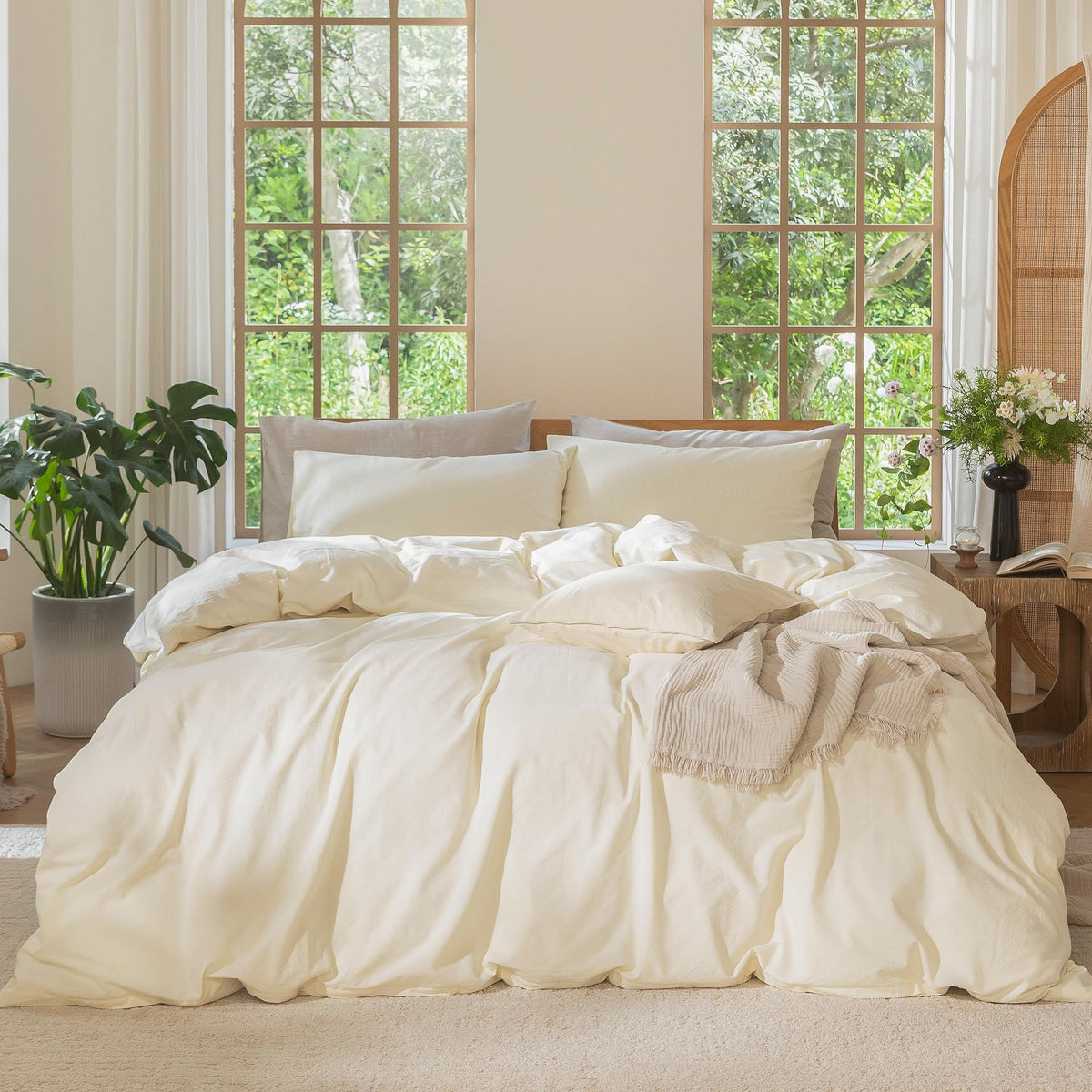 MooMee Duvet Cover Set 100% Washed Cotton Linen Like Queen