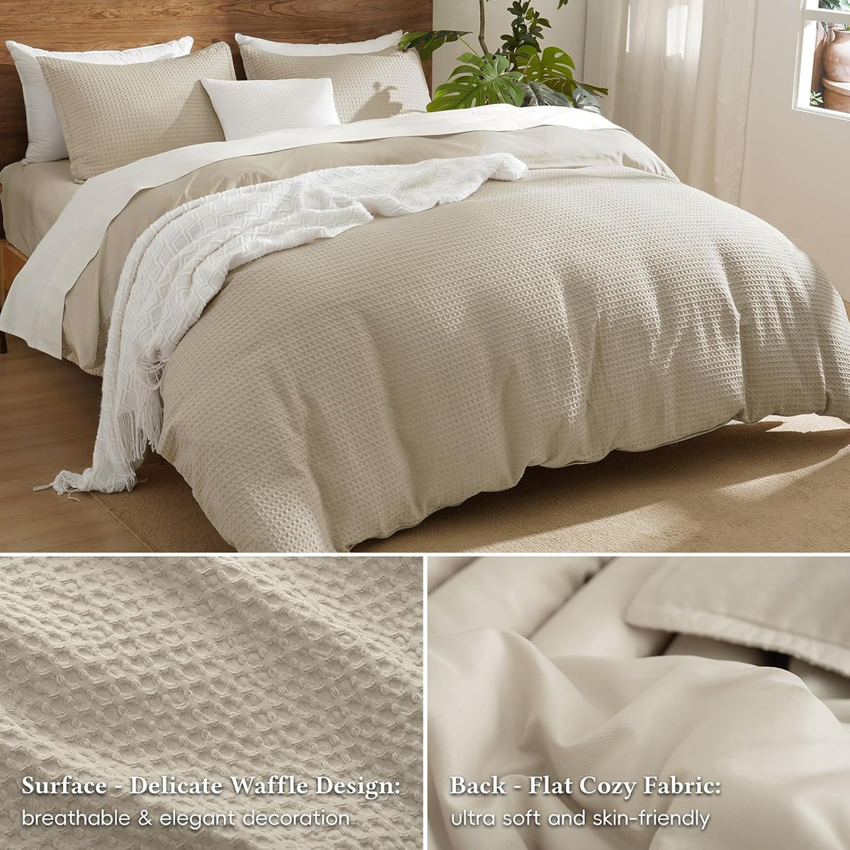 David's Home Soft Textured Waffle Weave Duvet Cover Set, King Size, Natural