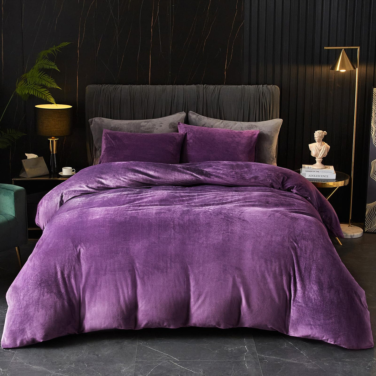 Ivellow Velvet Duvet Cover Queen Set, 3 Pcs Olive Green, Zipper Corner Ties