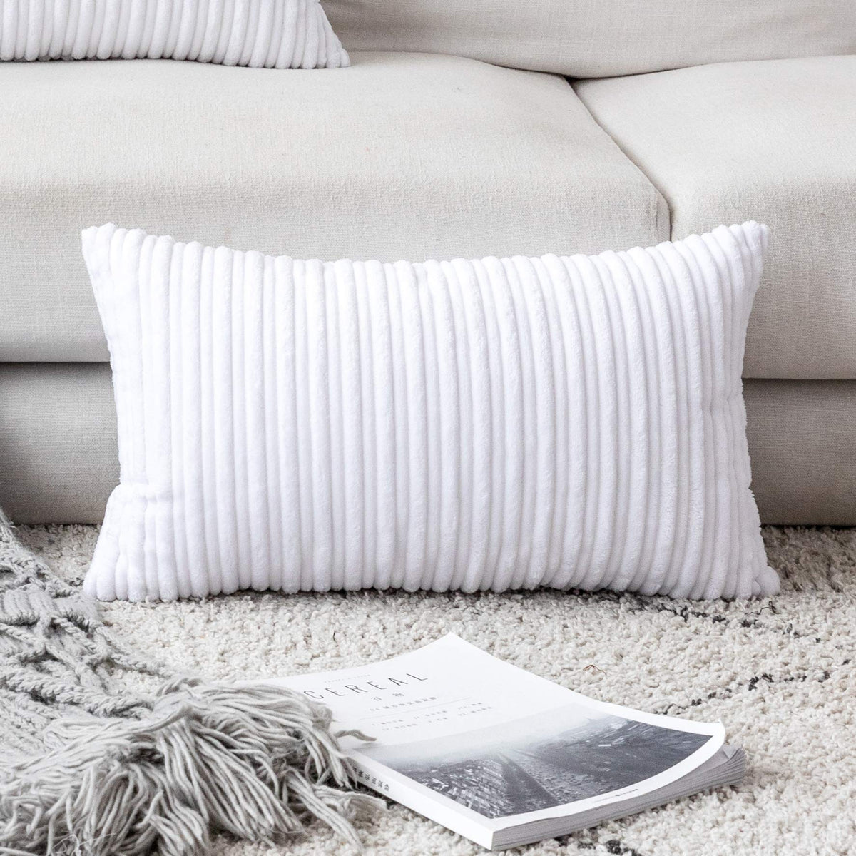 UGASA Velvet 12x20 Inch Lumbar Soft Throw Pillow Cover Boho Farmhouse Decorative Corduroy Striped Both Sides Solid Rectangular Cushion Case for Couch Bedroom Sofa Home, 1 Piece, Beige