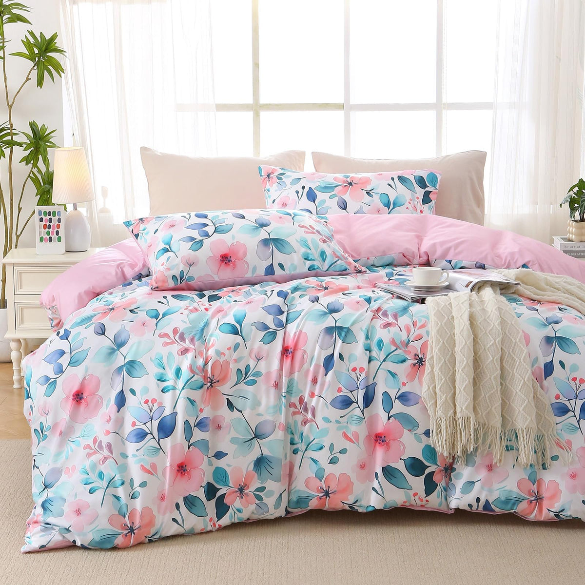 MUXHOMO Duvet Cover Queen Size, Reversible Floral Green Duvet Cover Set with Zipper Closure, 3 Pieces Botanical Patterns Soft Microfiber Bedding Set with 4 Ties (90"x90", 2 Pillow Cases)