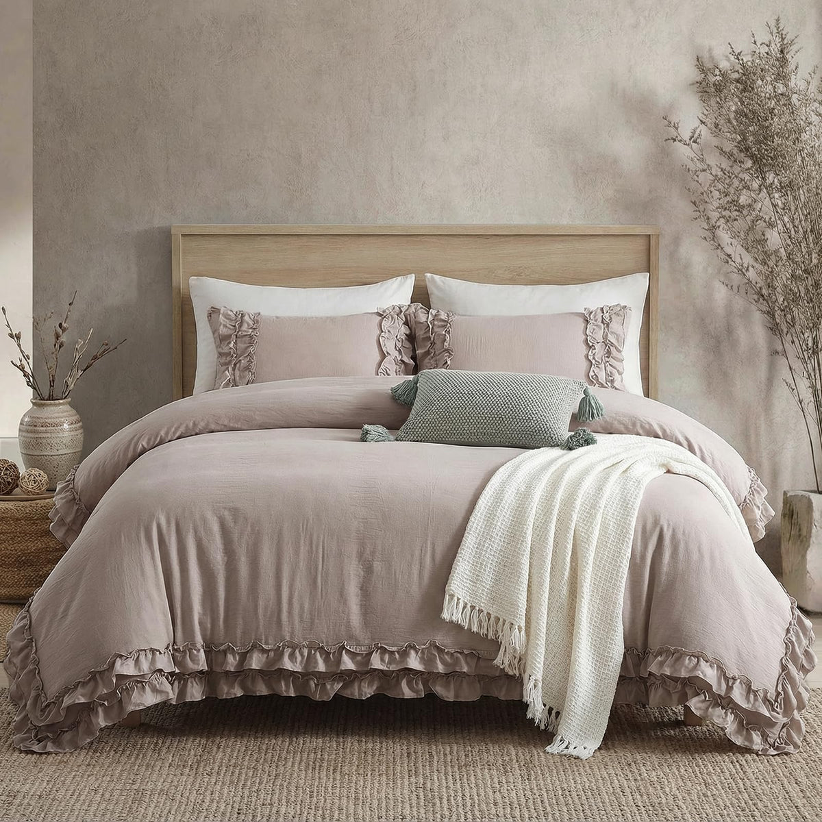 Bedorm Beige Duvet Cover Set Queen Ruffle Bedding Set Pleat Ruffled Shabby Chic Comforter Cover Extra Soft & Easy Care White Boho Duvet Cover with Zipper Closure