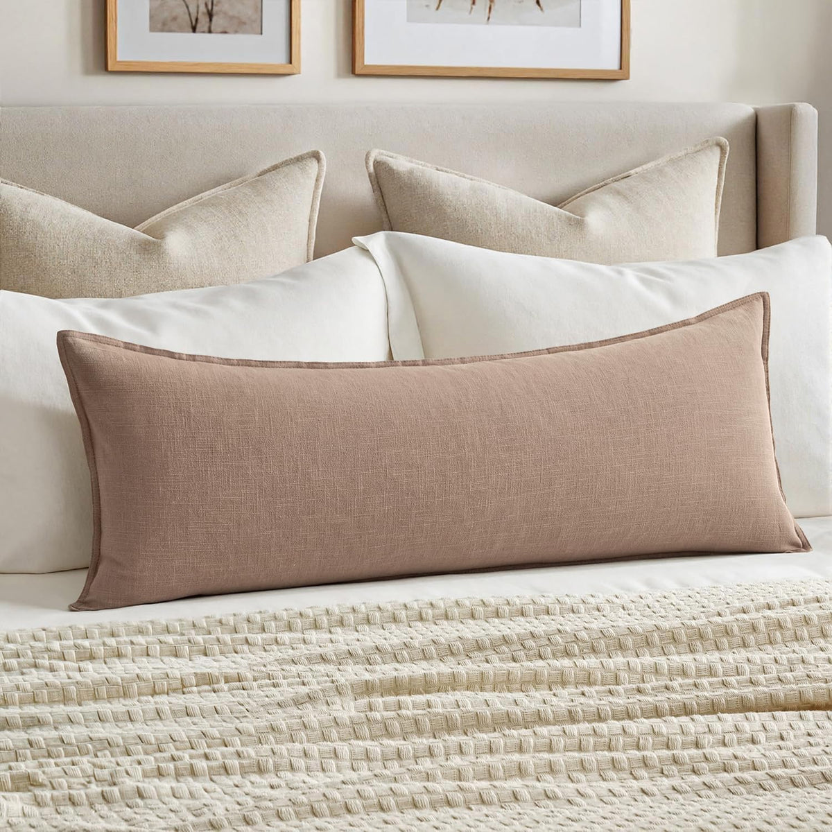 MIULEE Decorative Linen Lumbar Pillow Cover 14x36 Inch Natural Beige