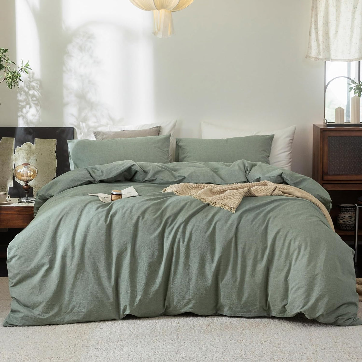 FOSSA Duvet Cover Set 100% Washed Cotton Linen Feel Queen