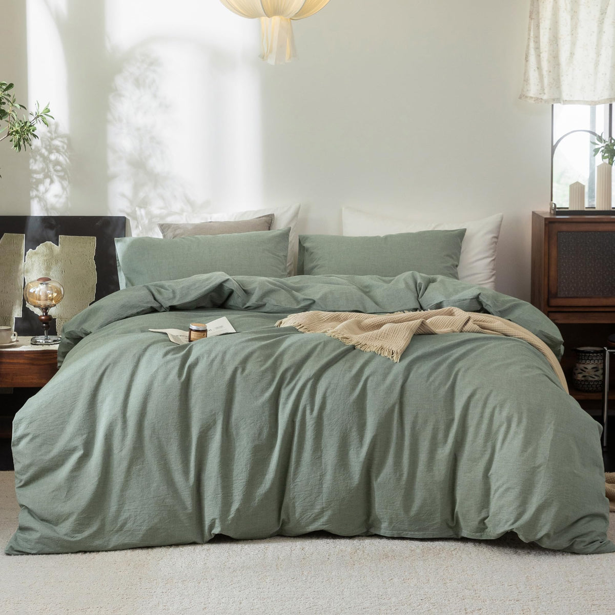 FOSSA Duvet Cover Set 100% Washed Cotton Linen Feel Queen