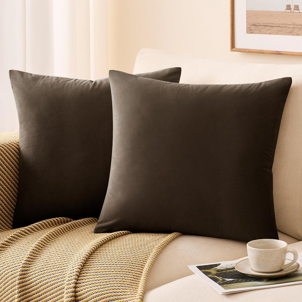 Throw Pillow Covers Mustard Yellow Set of 2 18x18 Inch Fall Pillow Covers, Soft Velvet Farmhouse Neutral Decorative Pillowcases for Couch Sofa Bed, Home Boho Decor, Modern Cushion Covers