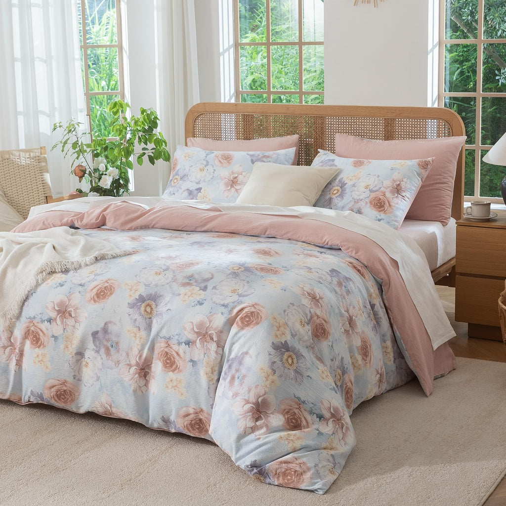 King Size Duvet Cover Set Floral Luxury Soft Brushed Microfiber Crinkle Gauze Fabric 3 Pieces Bedding Set Flower Pattern Duvet Cover King with Zipper Closure Breathable Comfy