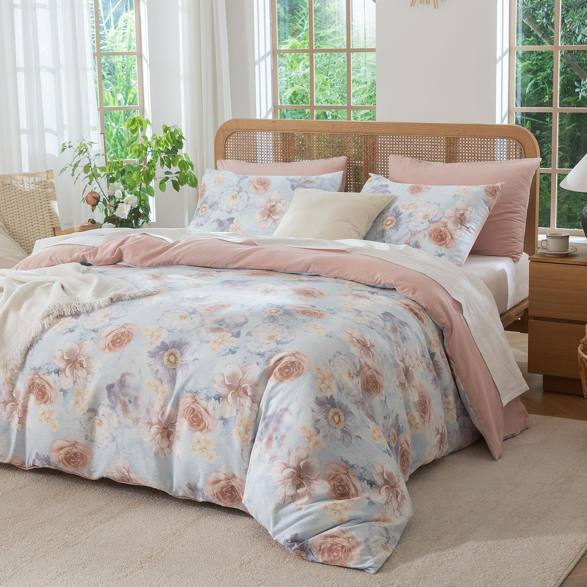 King Size Duvet Cover Set Floral Luxury Soft Brushed Microfiber Crinkle Gauze Fabric 3 Pieces Bedding Set Flower Pattern Duvet Cover King with Zipper Closure Breathable Comfy