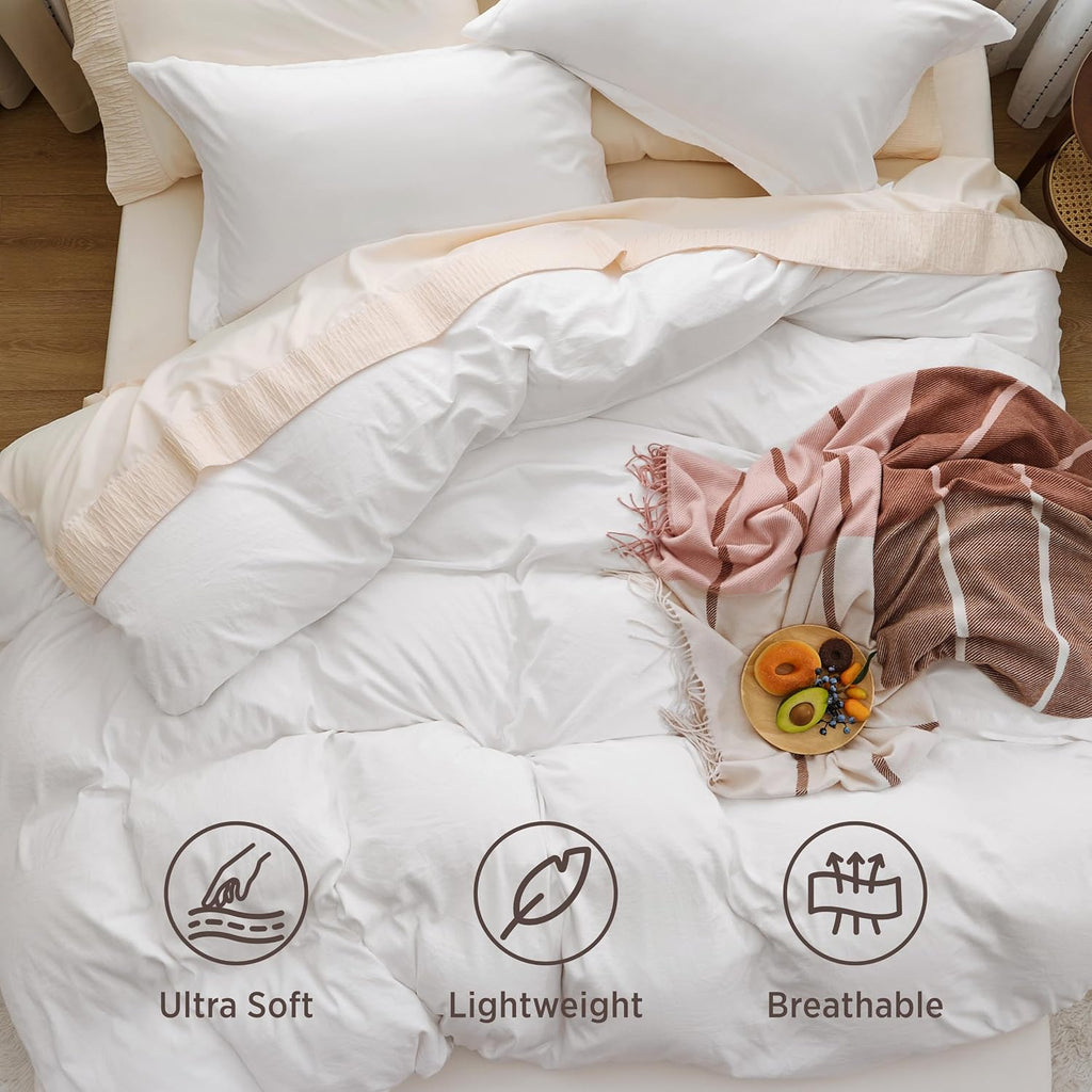 Bedsure Prewashed Duvet Cover King, Cotton-Like Soft Bedding Set, White