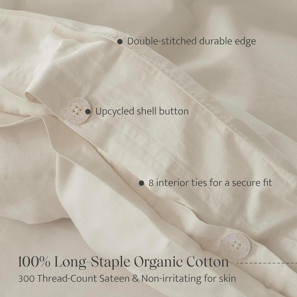 Double Stitch GOTS Organic Cotton King Duvet Cover, Washed 300TC, Off White