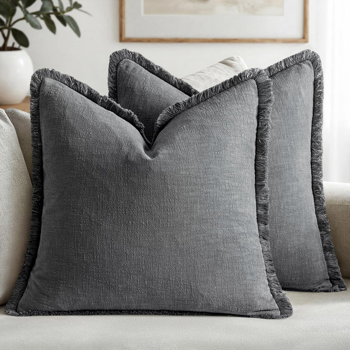 MIULEE Boho Linen Fringe Decorative Throw Pillow Covers Olive Green 20x20