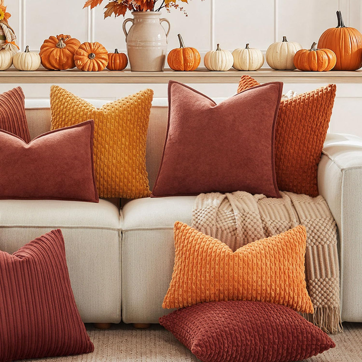 Kevin Textile Soft Corduroy 18x18 Inch Pillow Covers 2 Pack, Burnt Brick