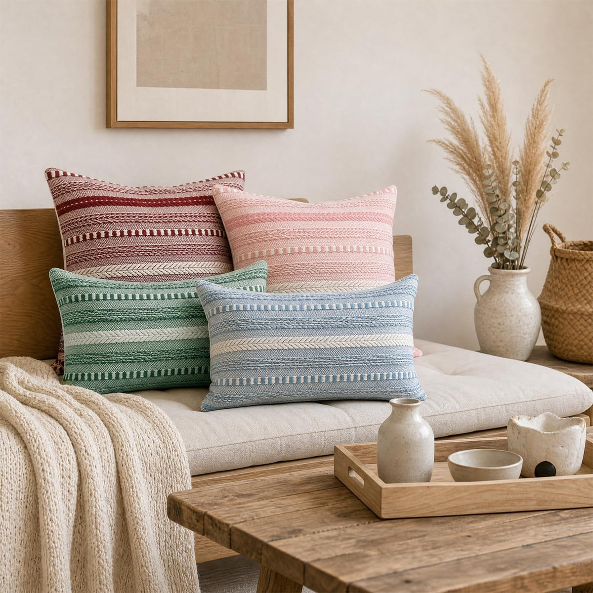 AVOIN colorlife Pink Boho Decorative Throw Pillow Covers Set of 2, 18 x 18 Inch Woven Stripe Textured Rustic Cushion Case Home Decor for Living Room Couch Sofa