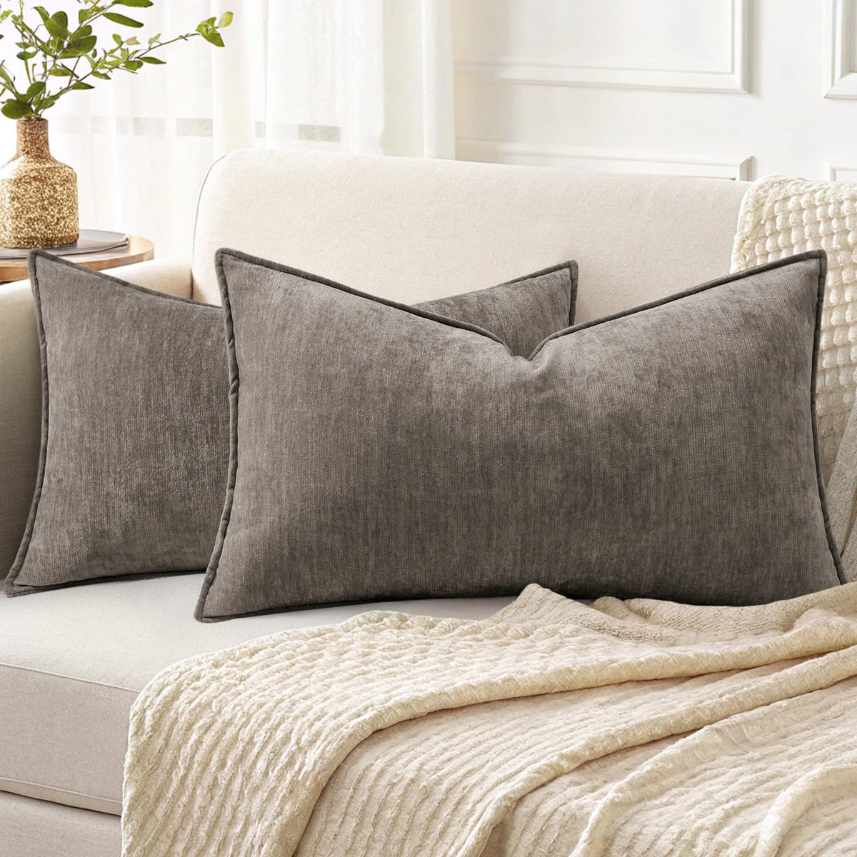 decorUhome Chenille Beige Velvet Throw Pillow Covers 20x20 Set of 2