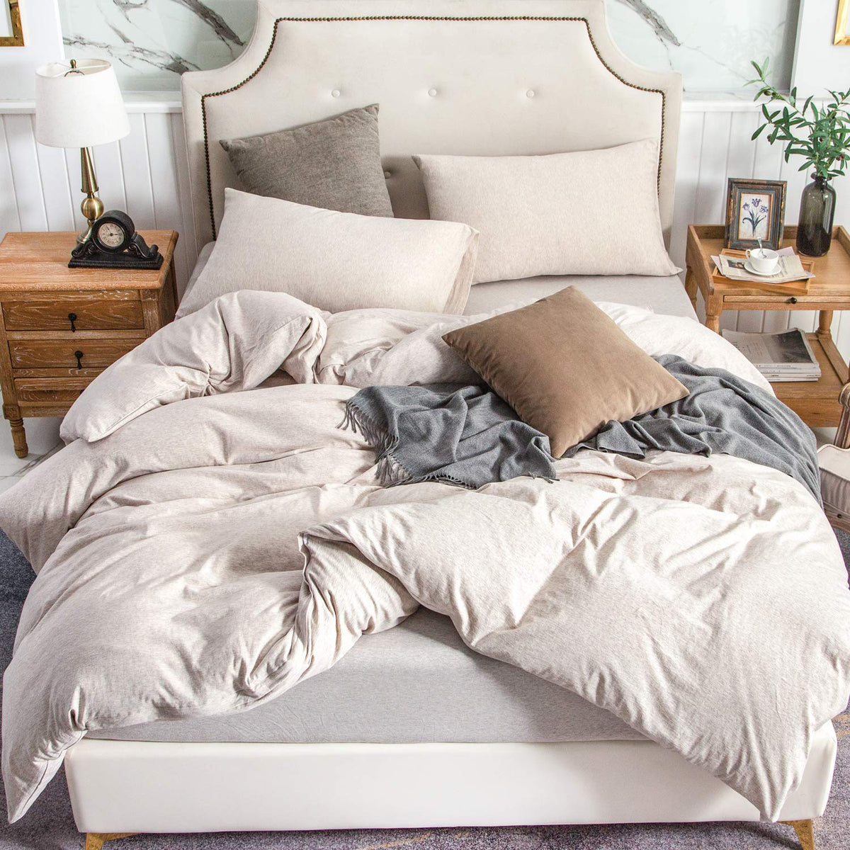 PURE ERA Jersey Knit Duvet Cover Set 100% T-Shirt Cotton Super Soft Comfy 3pc Bedding Set with Zipper Closure (Heather Beige, Queen)