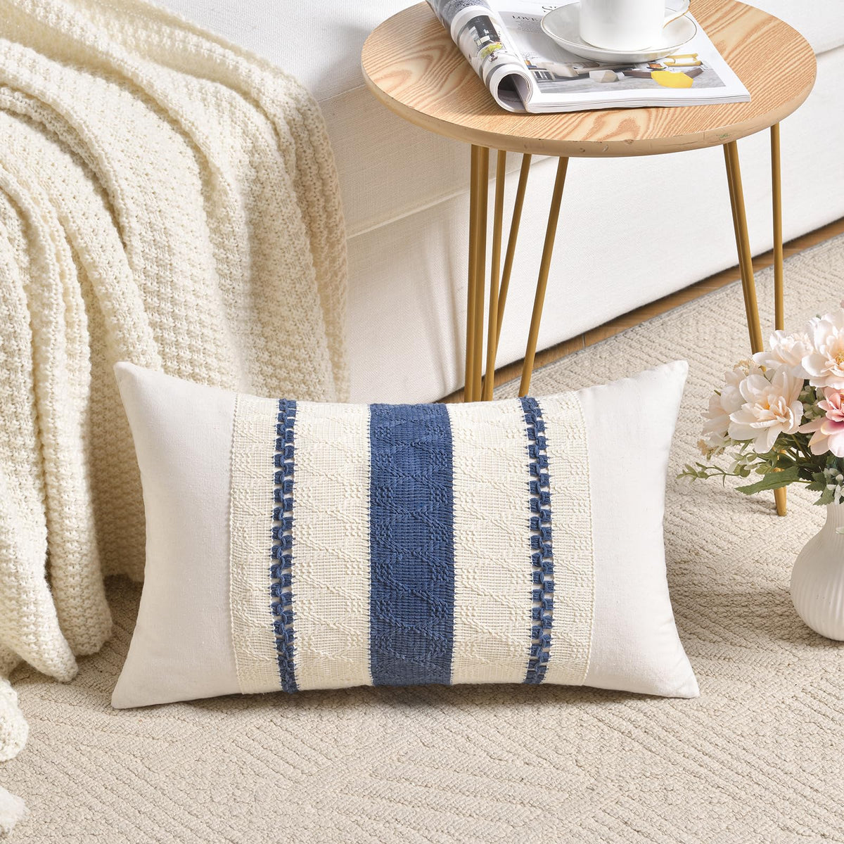 Fancy Homi Set of 1 Navy Blue Lumbar Decorative Throw Pillow Covers 12x20 Inch for Couch Bed Sofa Living Room, Soft Cotton blend Woven Textured Cushion Case