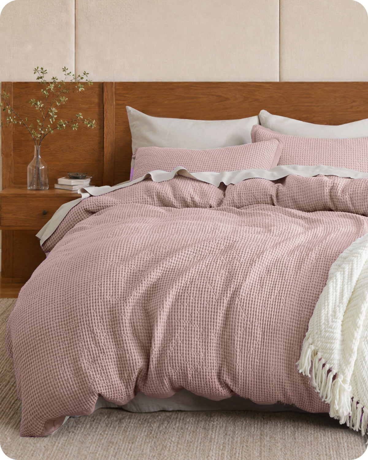 Bedsure PureWoven 3 Pieces 100% Cotton Waffle Duvet Cover Set, King, Linen