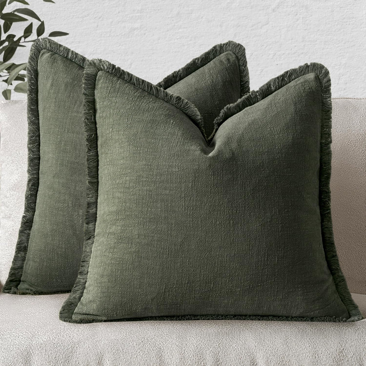 MIULEE Boho Linen Fringe Decorative Throw Pillow Covers Olive Green 20x20