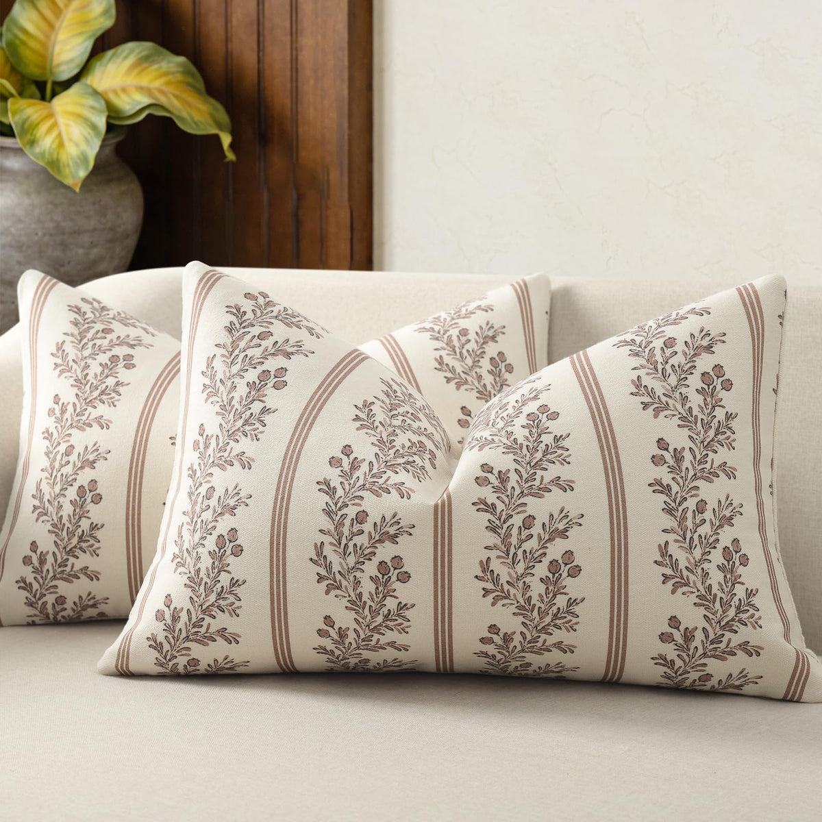 Vintage Throw Pillow Covers 18x18 Set of 2, Striped Floral Pillow Cover Botanical Patterned Decorative Cushion Covers Modern Farmhouse Home Decor for Sofa Couch Bed Living Room, Light Blue